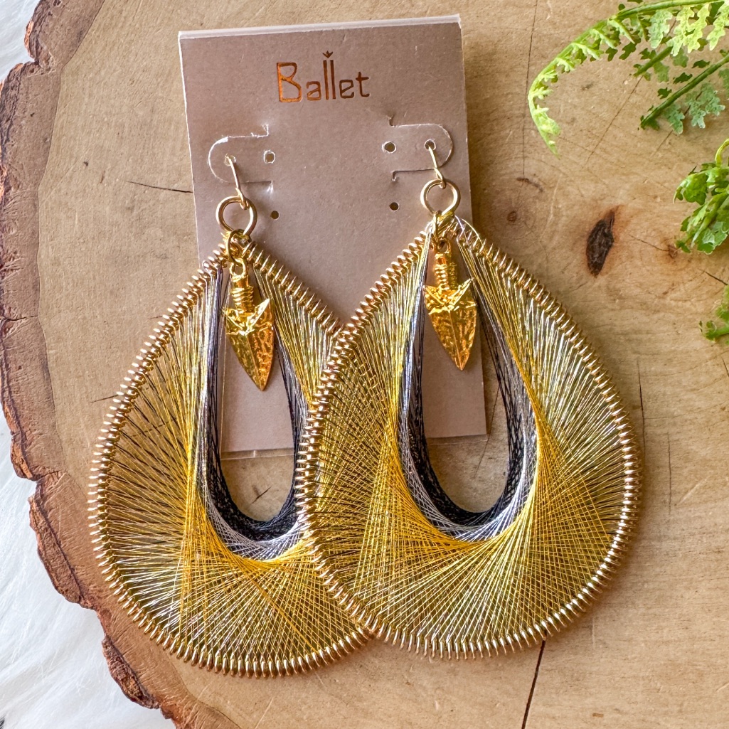 Metallic Silk Thread Ballet Teardrop Earrings Statement Gold Arrowhead Charm